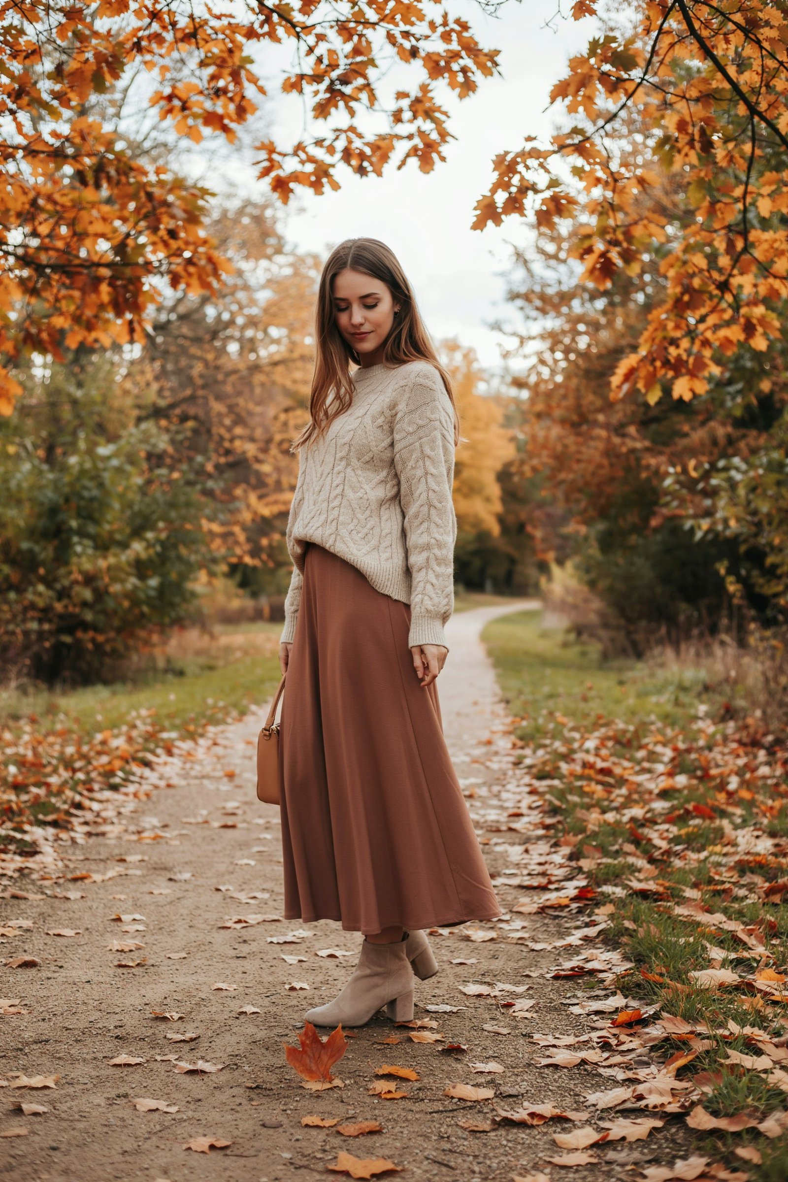 A woman in a cream knit sweater and flowing brown skirt stands on a leaf-strewn autumn path, looking down beneath orange trees in a calm, reflective scene.