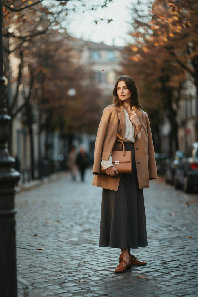 a girl in black or charcoal ankle-length maxi skirt, fitted ivory blouse, oversized camel blazer, brown loafers, structured handbag, sophisticated autumn street background,