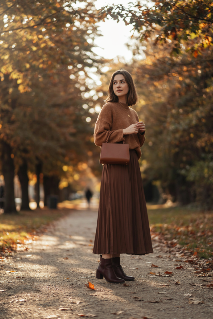 a girl with chocolate brown maxi skirt, slightly lighter brown knit sweater, dark brown ankle boots, matching brown handbag, autumn background, soft golden light