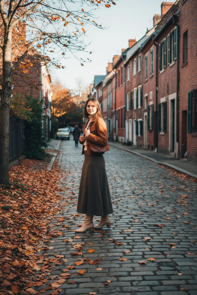 a girl in full-length olive maxi skirt, cream fitted sweater, cropped brown suede-style jacket, ankle boots, small crossbody bag, autumn street with fallen leaves, warm soft sunlight