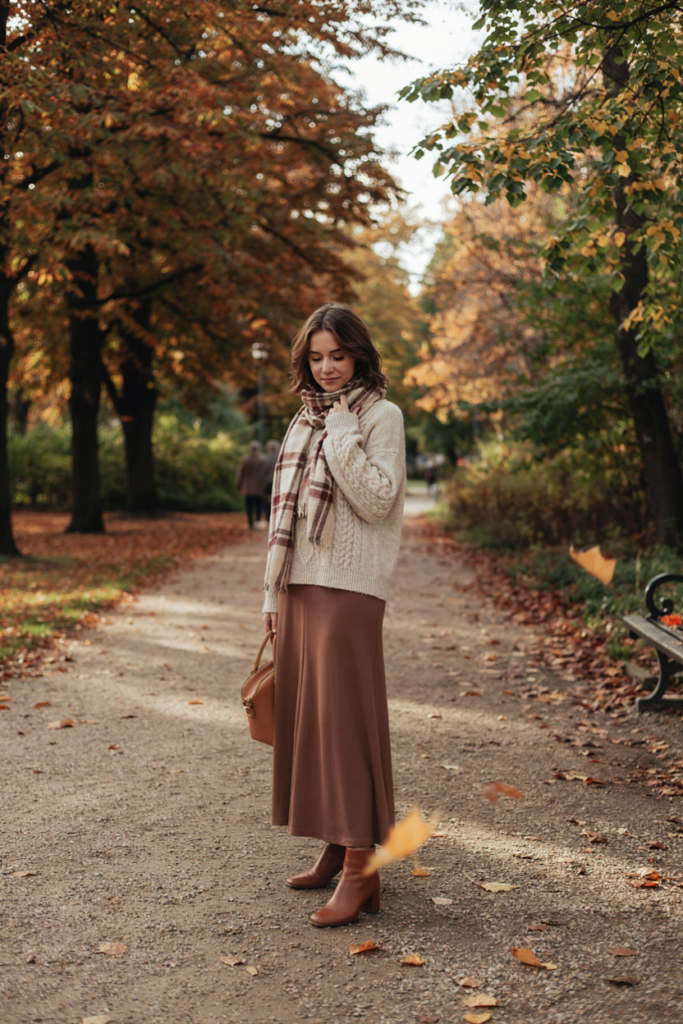 a girl with ankle-length brown maxi skirt, oversized cream knit sweater, large plaid scarf in beige and burgundy, brown ankle boots, simple leather handbag, autumn park filled with golden leaves, warm soft sunlight
