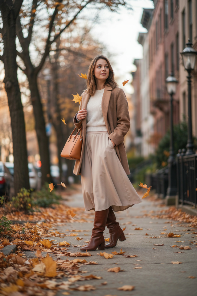a girl in flowing ankle-length beige maxi skirt styled with a fitted cream sweater and tall brown knee-high boots, camel coat, structured handbag, warm fall city background, golden leaves