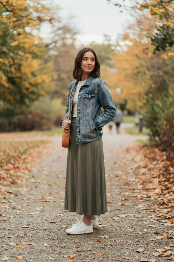ong olive maxi skirt, fitted cream long-sleeve top, classic medium-blue denim jacket, white sneakers, tan crossbody bag, soft autumn park background, fallen leaves, casual feminine outfit, natural daylight