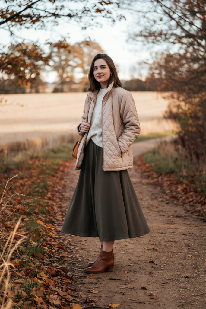 a girl with flowing dark olive ankle-length maxi skirt, cream knit sweater, lightweight quilted jacket in beige, brown ankle boots, simple crossbody handbag, autumn countryside background.