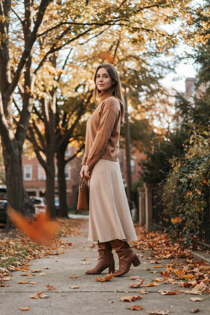 A girl with a flowing beige maxi skirt, fitted camel turtleneck sweater, brown knee-high boots, structured brown handbag, warm neutral autumn background,