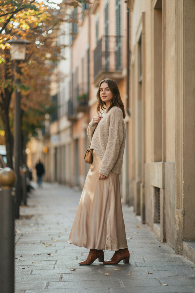 Girl in satin ankle-length maxi skirt paired with a soft oversized beige knit sweater, brown ankle boots, delicate handbag, autumn city background