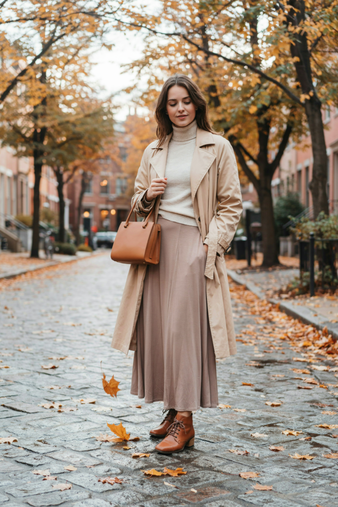 a girl with flowing taupe maxi skirt, cream turtleneck sweater, classic beige trench coat, brown ankle boots, simple leather handbag, autumn city street with golden leaves