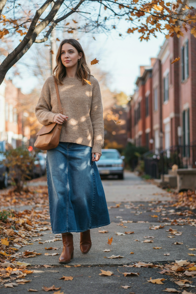 A girl with blue denim maxi skirt paired with a cozy oversized oatmeal sweater, brown ankle boots, tan shoulder bag, modest feminine autumn outfit, walking through a quiet fall street with golden leaves, soft natural sunlight