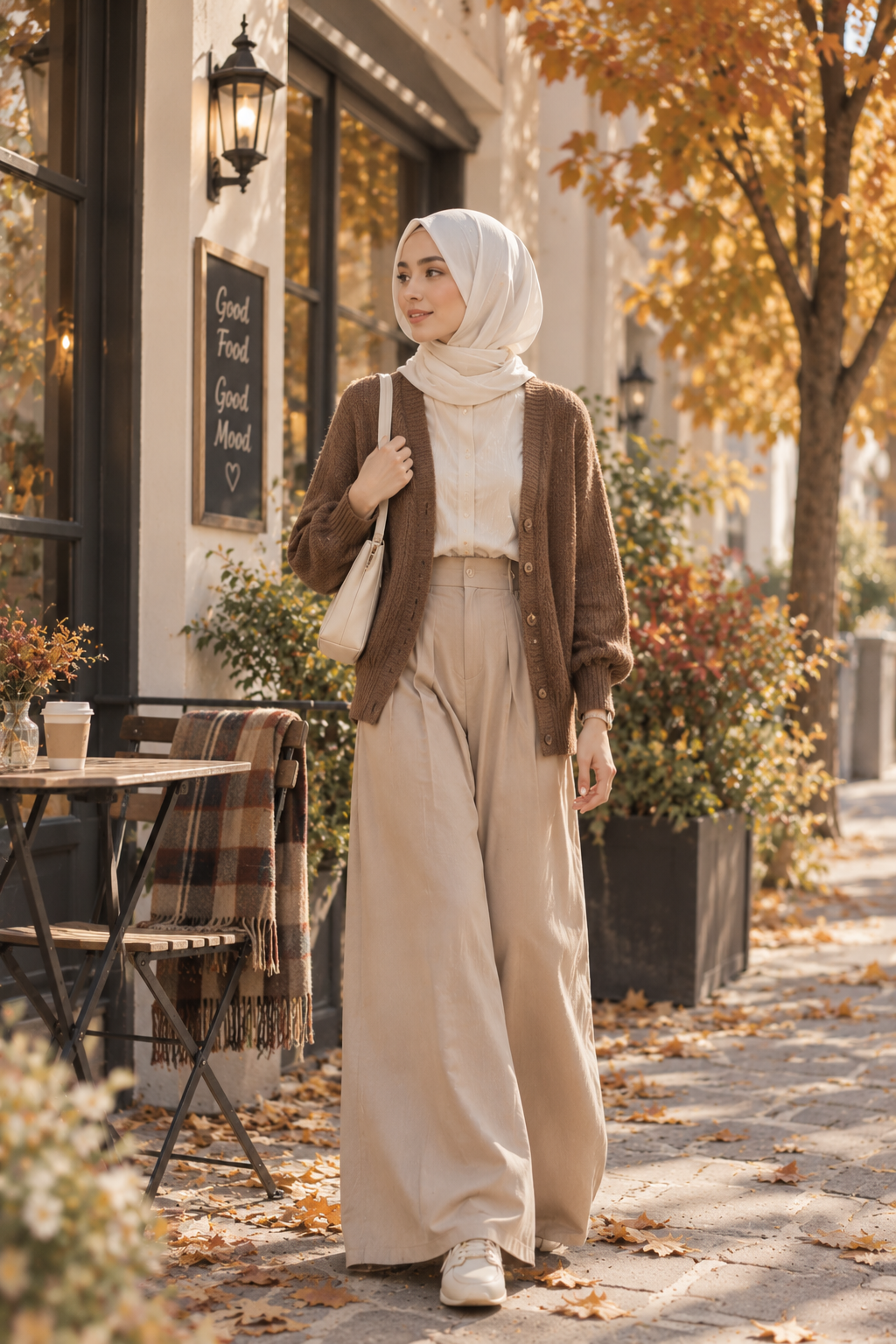 A woman in a cream hijab and neutral autumn outfit walks past a cozy café, with golden leaves, outdoor seating, and a warm, peaceful mood.