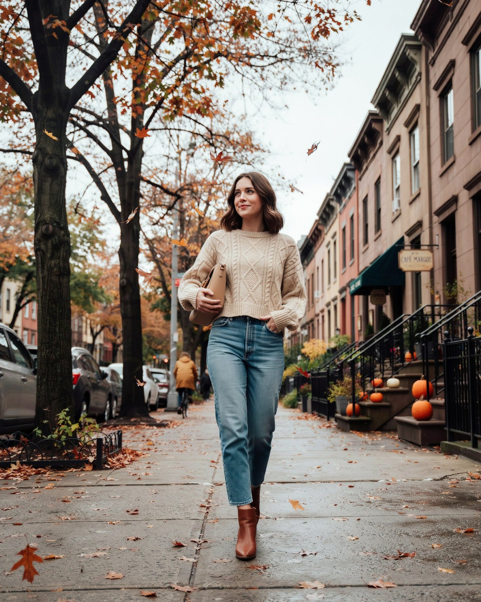 A woman in a cream cable-knit sweater, jeans, and brown boots walks along a leaf-strewn city sidewalk beneath autumn trees, looking relaxed.