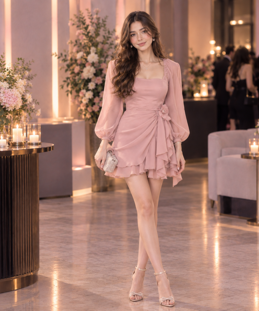 A woman models a blush-pink, ruffled mini dress with sheer puff sleeves at an elegant candlelit event, creating a soft, romantic mood.
