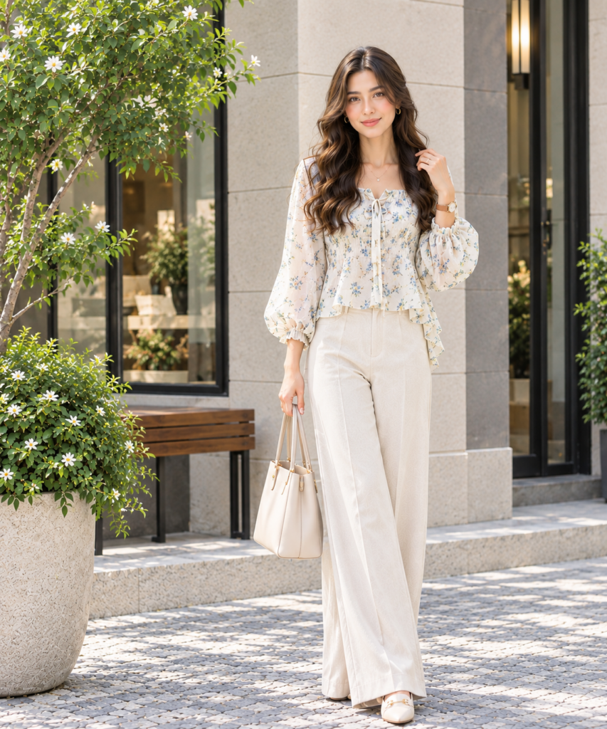 A woman in a floral blouse and cream wide-leg trousers walks past a leafy planter and modern storefront, carrying a tote in bright, calm sunlight.