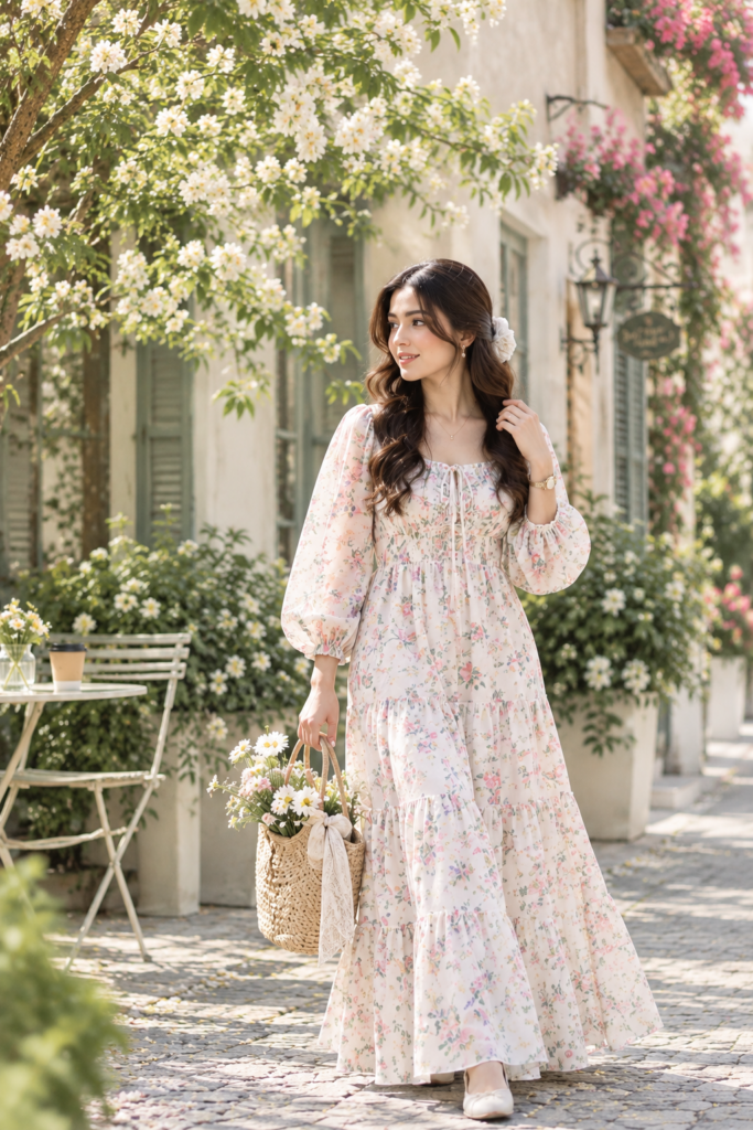 A smiling woman in a flowing floral dress carries a woven basket beneath white blossoms on a quaint, sunlit street, creating a romantic spring mood.