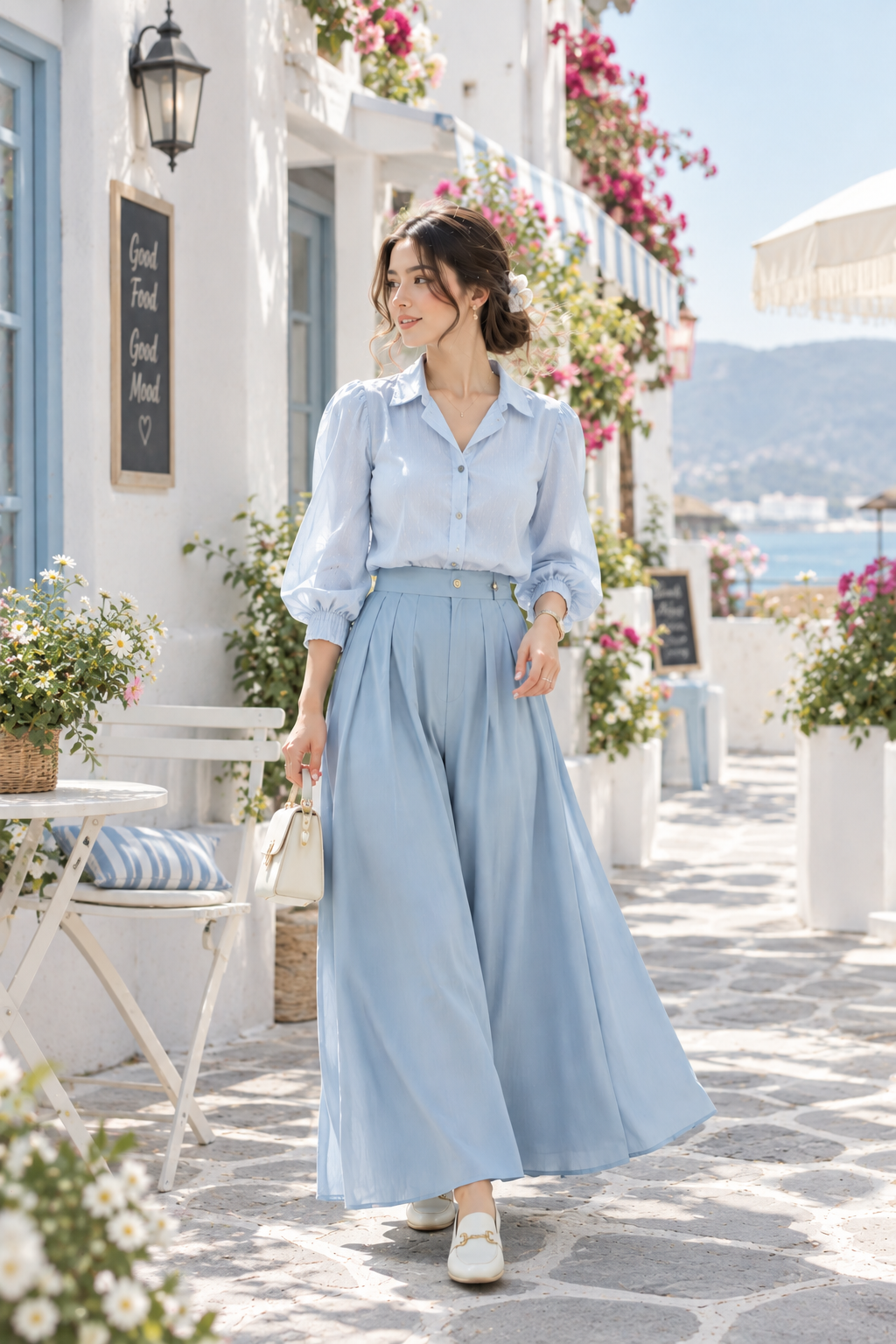 A woman in a flowing pale blue outfit walks along a sunlit Greek island street, past whitewashed buildings, pink flowers, and a seaside view.