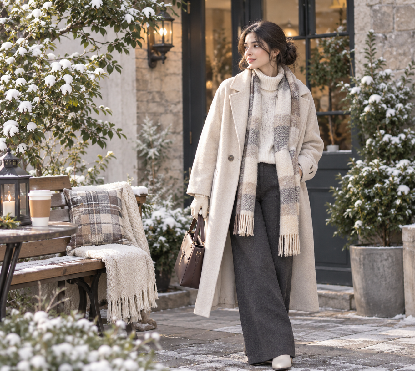 A woman in a cream coat, knit sweater, and plaid scarf stands in a snowy courtyard beside a cozy café bench, conveying quiet winter elegance.