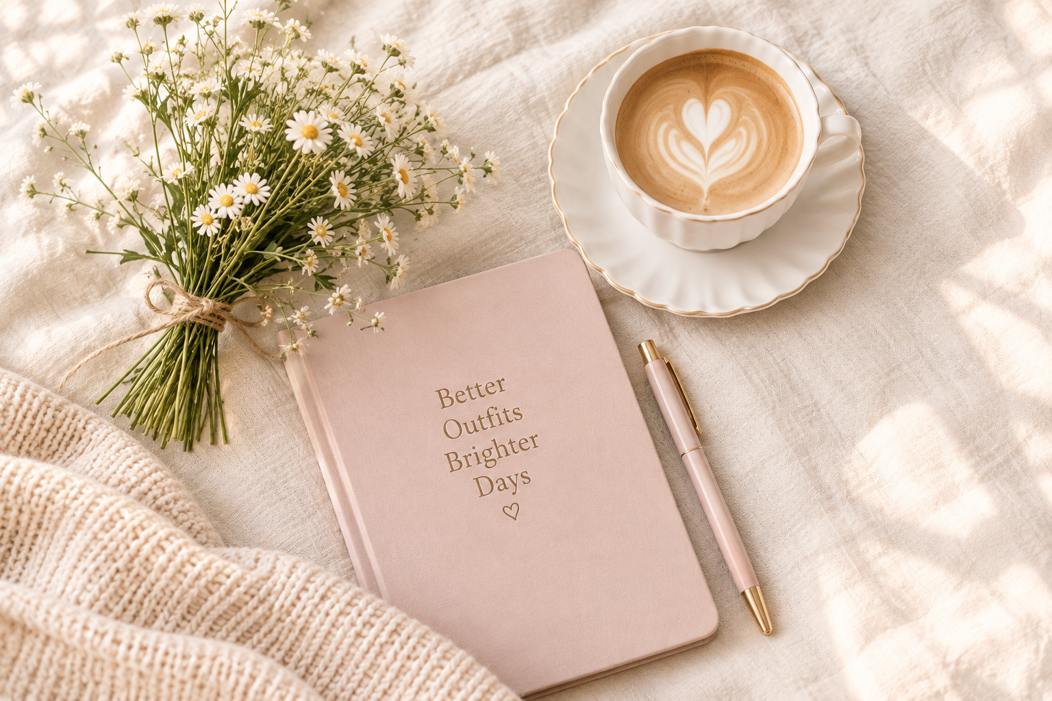 A blush-pink notebook reading “Better Outfits Brighter Days,” with a gold pen, daisy bouquet, and heart-shaped latte art on linen; warm, cozy mood.