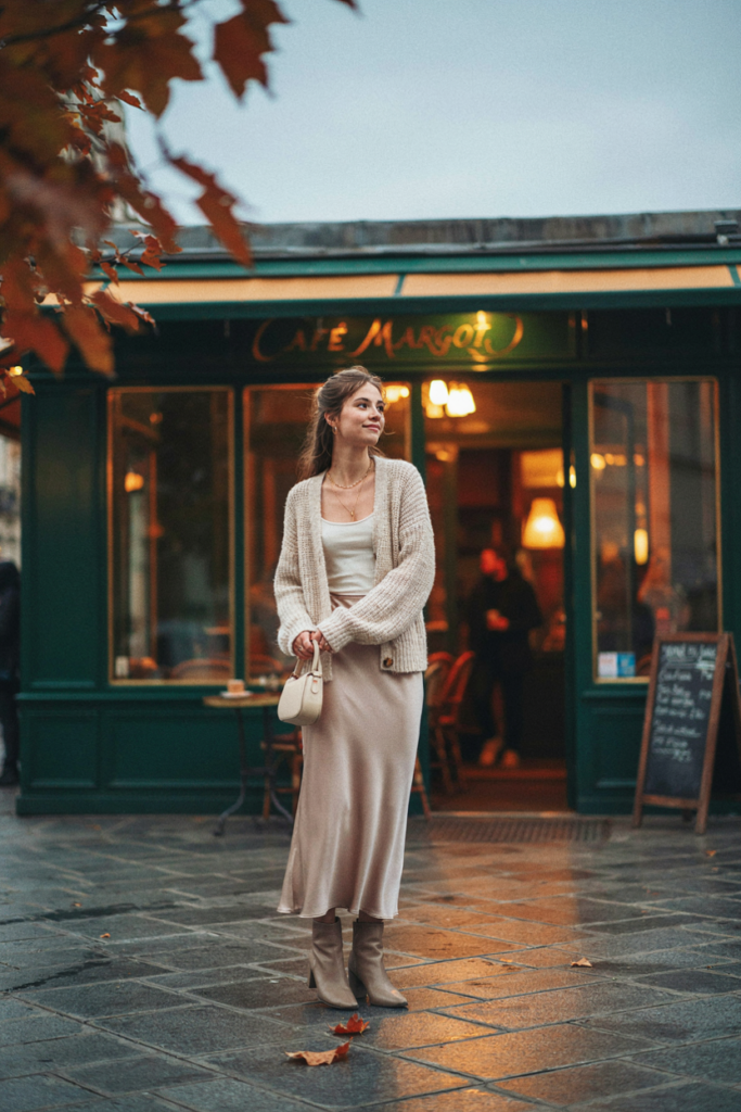a woman wearing a soft cream cardigan with a champagne satin midi skirt and elegant ankle boots.