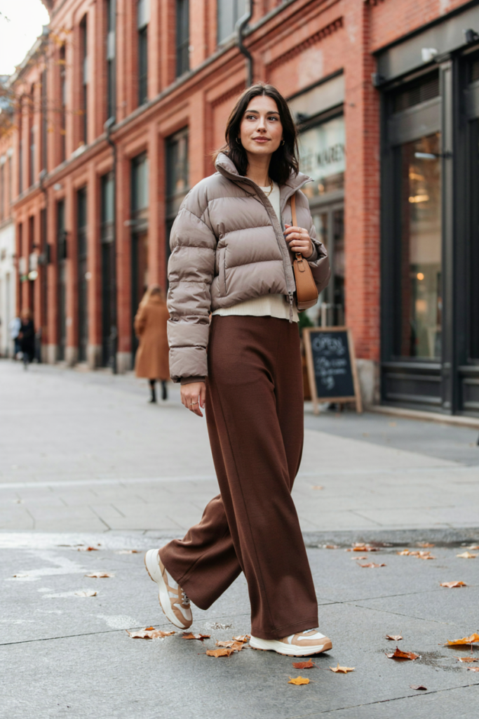 a woman wearing a cropped taupe puffer jacket over a fitted cream knit top with elegant chocolate wide-leg trousers.