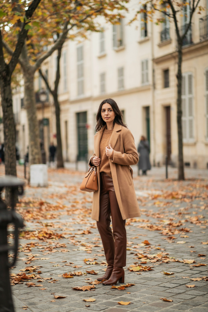 Woman wearing chocolate brown trousers, lighter brown knit sweater, camel coat, brown ankle boots and matching handbag, autumn city setting, elegant monochromatic fashion.