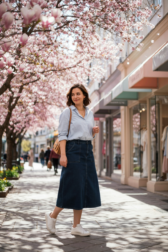 woman wearing a high-waisted dark denim midi skirt, tucked pale blue button-down shirt, white sneakers