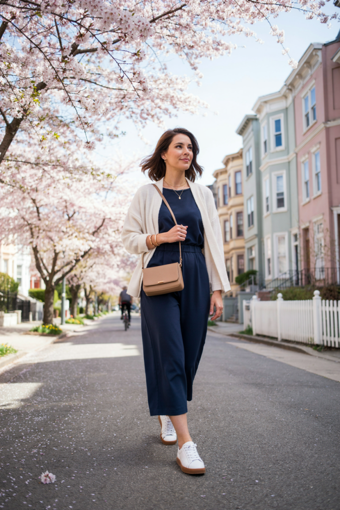 Curvy midsize woman wearing a flattering navy casual jumpsuit with a defined waist, white sneakers, tan crossbody bag, lightweight cream cardigan, and delicate jewelry.