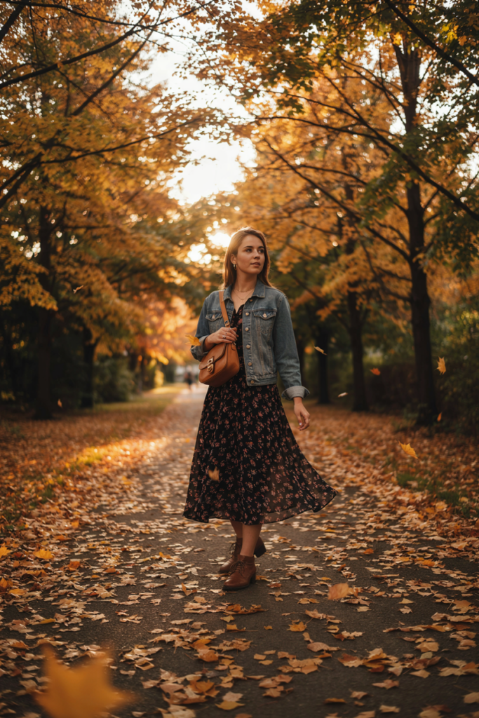 a woman wearing a flowing black floral maxi dress layered with a classic medium-wash denim jacket and brown ankle boots. Add a crossbody bag and delicate jewelry. Set the scene in a beautiful autumn outdoor location with golden leaves and warm sunlight.
