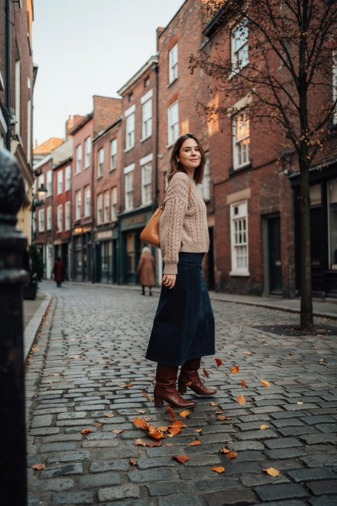 Woman wearing a dark denim midi skirt, oversized oatmeal sweater, brown knee-high boots and tan handbag, cozy autumn street with fallen leaves.