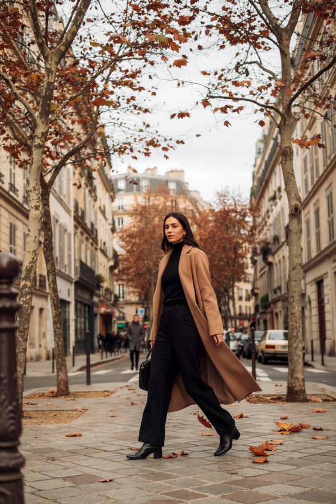Woman wearing black wide-leg trousers, fitted black sweater, long camel coat, black ankle boots and structured handbag, elegant autumn city street
