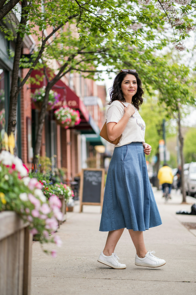 woman wearing a flowing denim midi skirt, tucked soft white graphic T-shirt, clean white sneakers, small crossbody bag, and sunglasses,