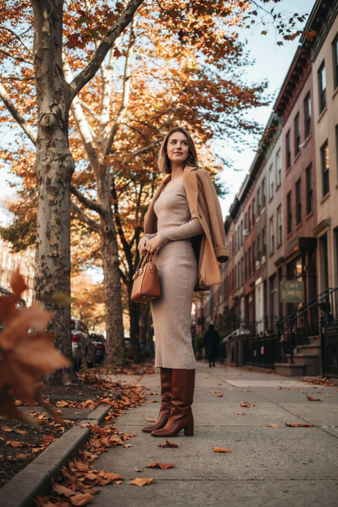 Woman in a fitted beige knit midi dress with brown knee-high boots and camel handbag, autumn city background, warm golden light, elegant cozy fashion, realistic vertical Pinterest photography.