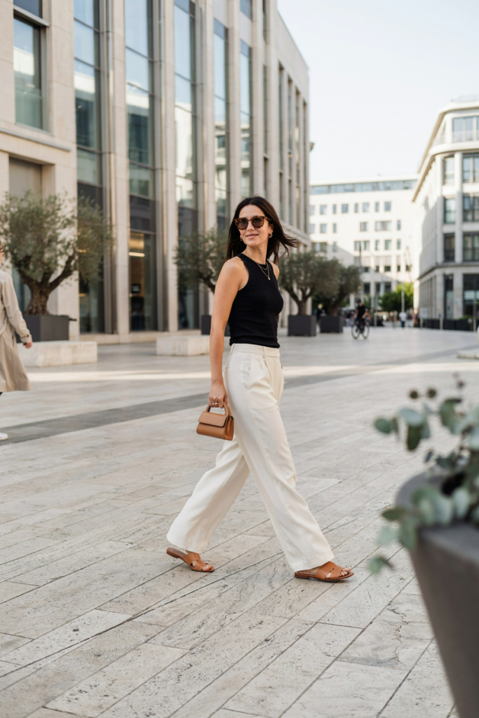 woman wearing high-waisted cream wide-leg trousers with a fitted black sleeveless top, tan leather sandals
