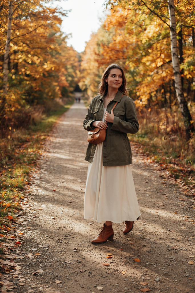 a woman wearing an olive utility jacket over a flowing cream maxi dress with brown ankle boots and a crossbody bag.