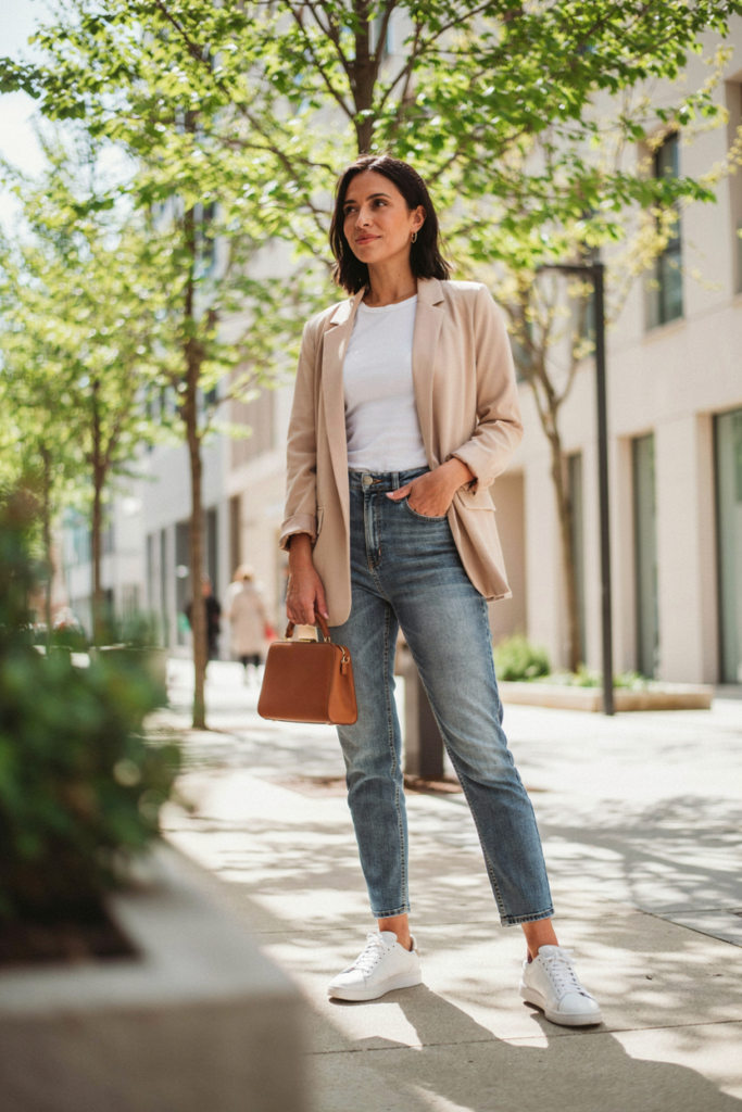 woman wearing medium-wash straight-leg jeans, fitted white top, relaxed beige blazer, white sneakers, structured brown handbag, and gold earrings, standing on a modern spring city street with green trees