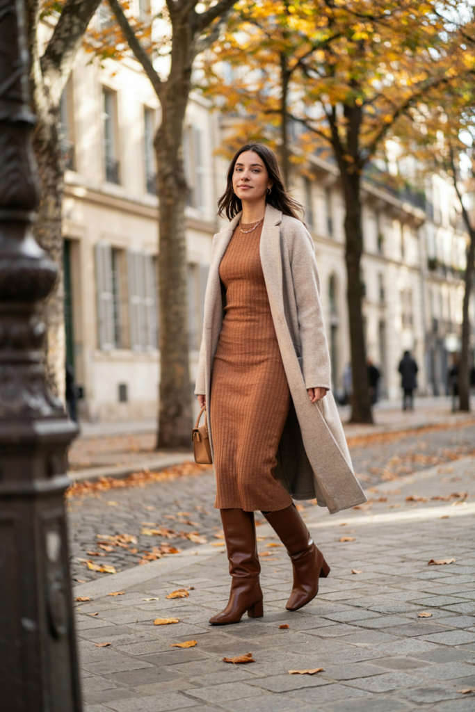 a woman wearing a fitted ribbed knit midi dress in warm camel with sleek knee-high brown boots. Add a long neutral coat, small handbag, and subtle gold jewelry.