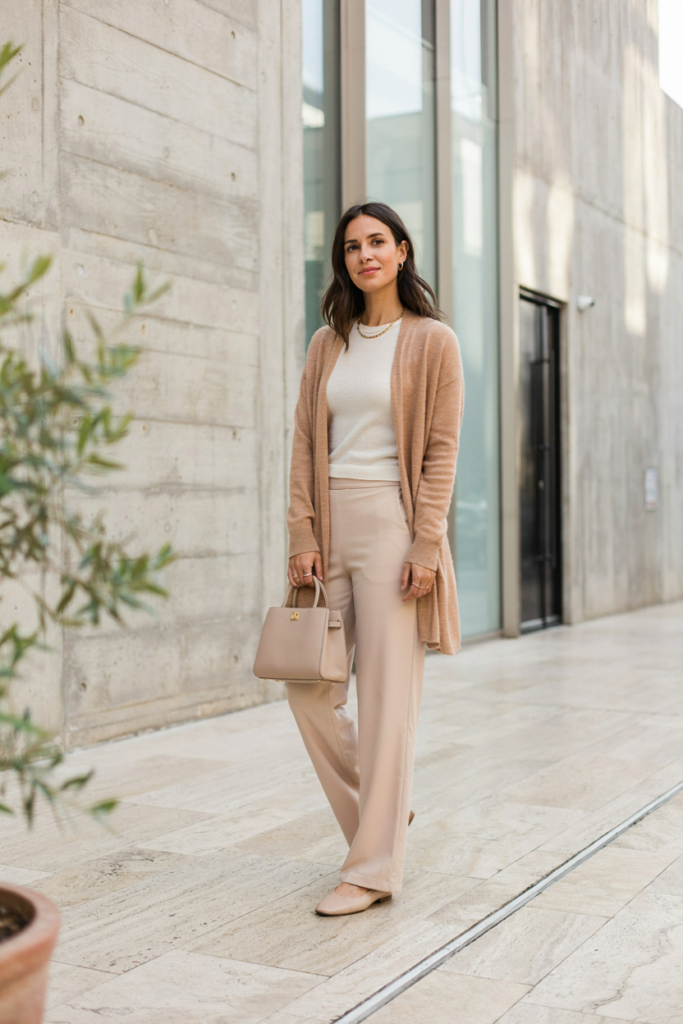 woman wearing a monochrome beige outfit consisting of relaxed beige trousers, a cream fitted knit top, lightweight tan cardigan, nude ballet flats, structured beige handbag, delicate gold jewelry, modern minimalist architecture in background,