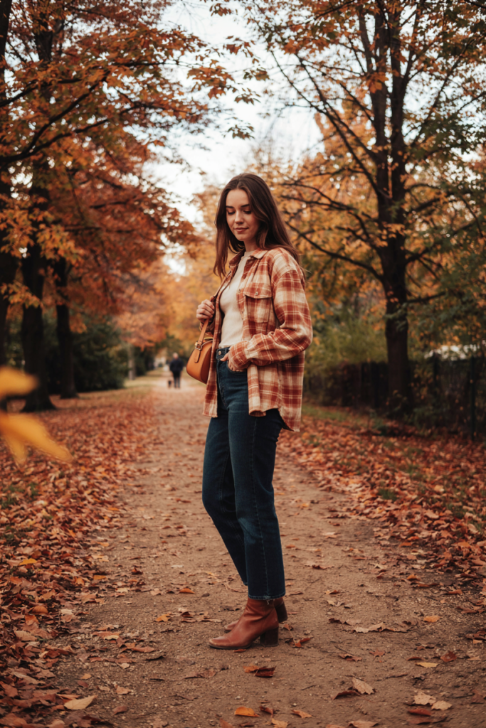 a woman wearing a rust-and-cream plaid overshirt over a fitted cream top with dark straight-leg jeans and brown ankle boots.