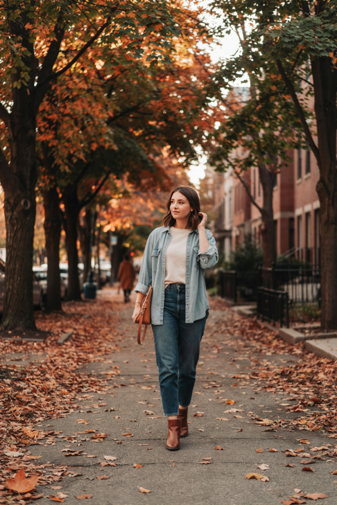 Woman wearing dark blue straight-leg jeans, light denim shirt layered over a cream top, brown ankle boots and tan handbag, autumn street with trees and fallen leaves, casual chic realistic fashion