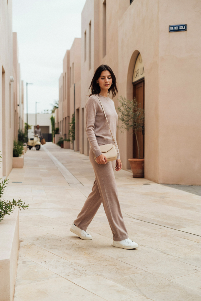 woman wearing a coordinated soft taupe knit top and matching wide-leg knit pants, clean white sneakers, small structured crossbody bag, minimal jewelry, walking through a modern neighborhood, warm neutral architecture, soft daylight