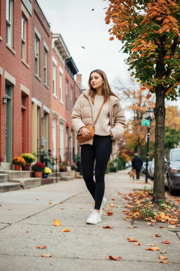 Woman wearing black leggings, oversized cream sweater, beige quilted jacket, white sneakers and crossbody bag, cozy autumn neighborhood setting.