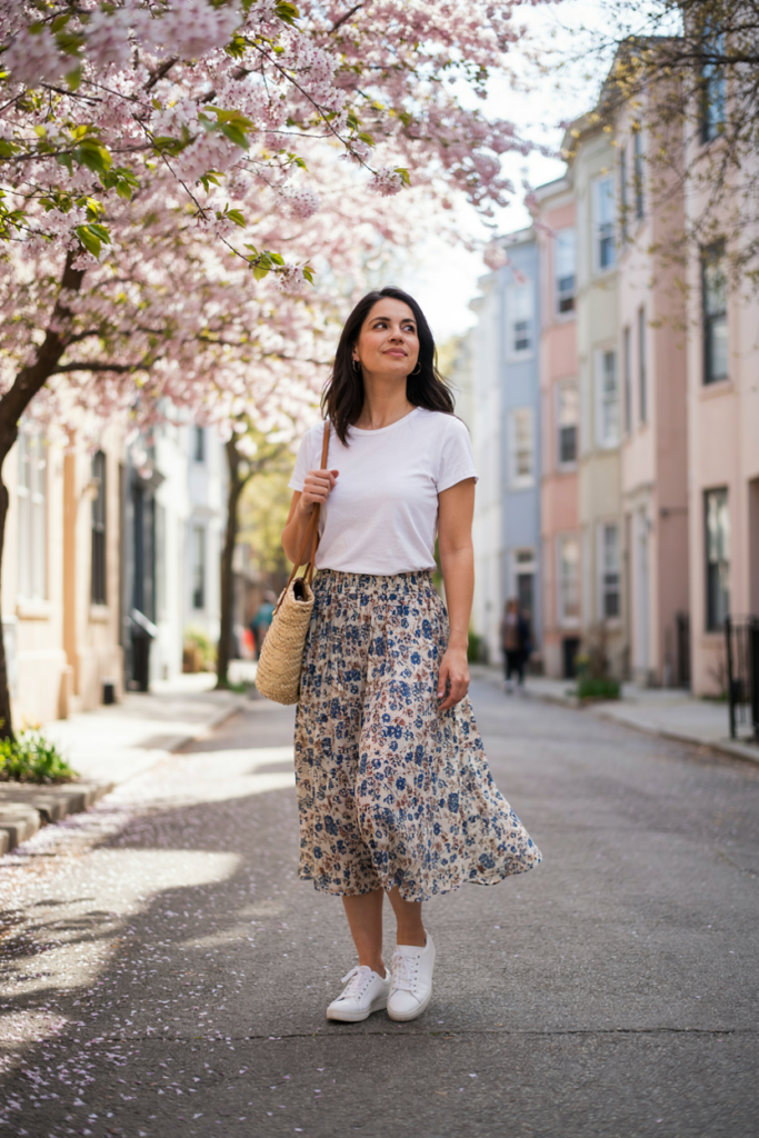 woman wearing a flowing printed maxi skirt in blue and cream, tucked fitted white T-shirt, white sneakers, woven shoulder bag, and simple gold earrings