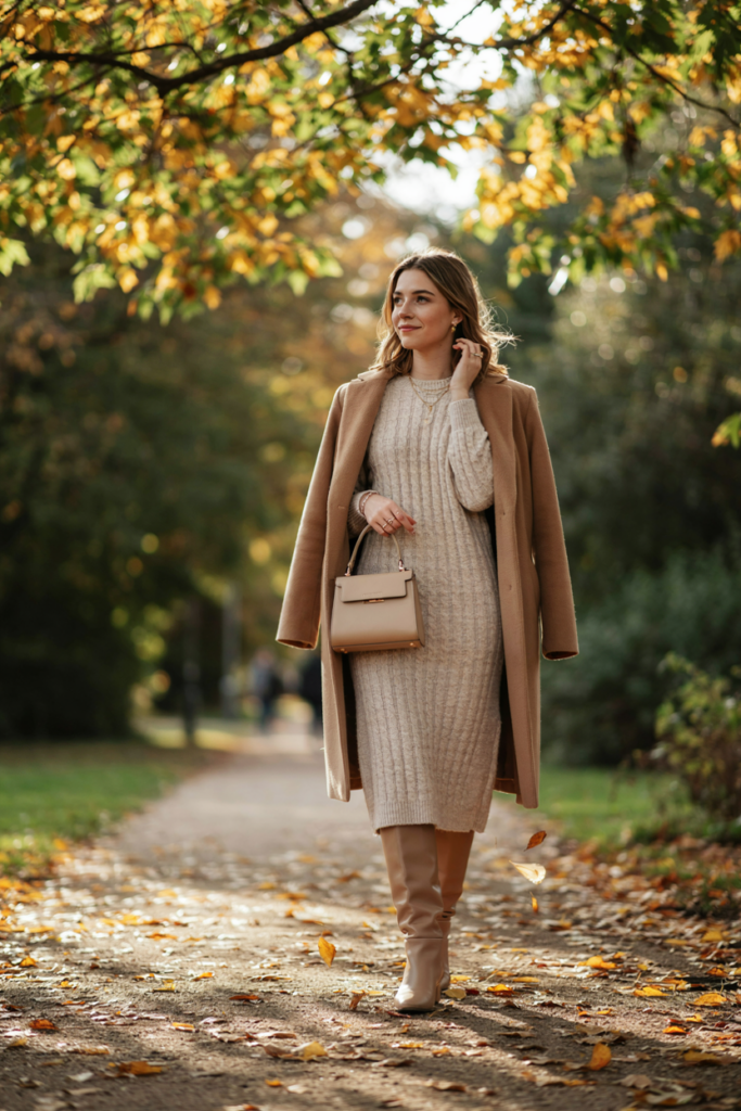 a woman wearing a cozy cream sweater midi dress with tan knee-high boots and a structured beige handbag.