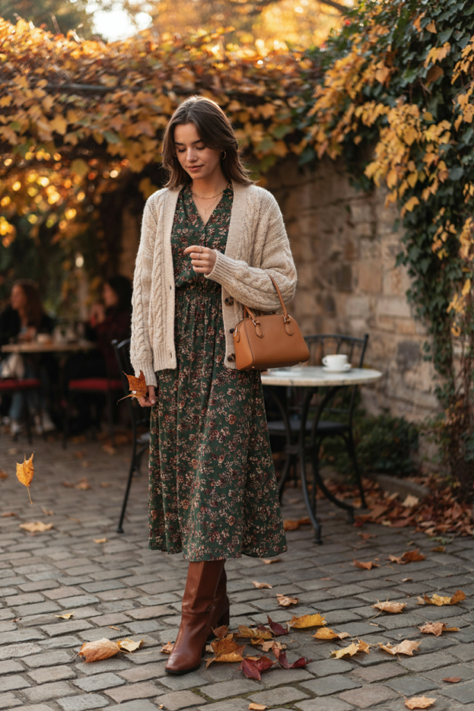 a woman wearing a dark floral midi dress layered with a chunky cream cardigan and brown ankle boots.