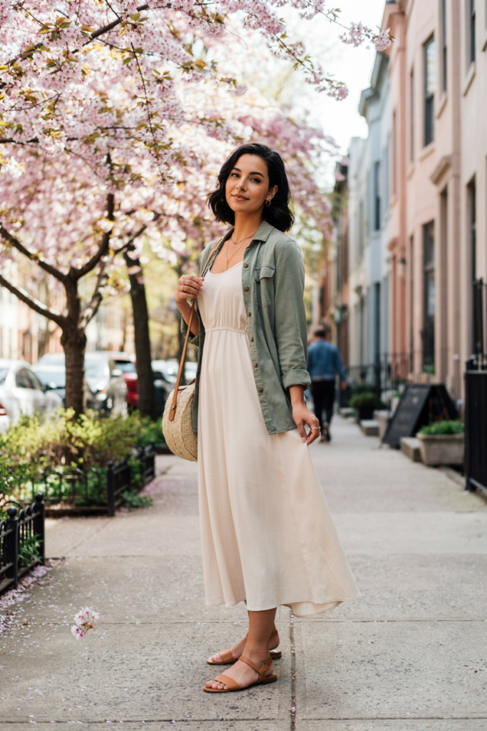 woman wearing a flowing cream maxi dress layered with a lightweight sage green utility jacket, tan flat sandals