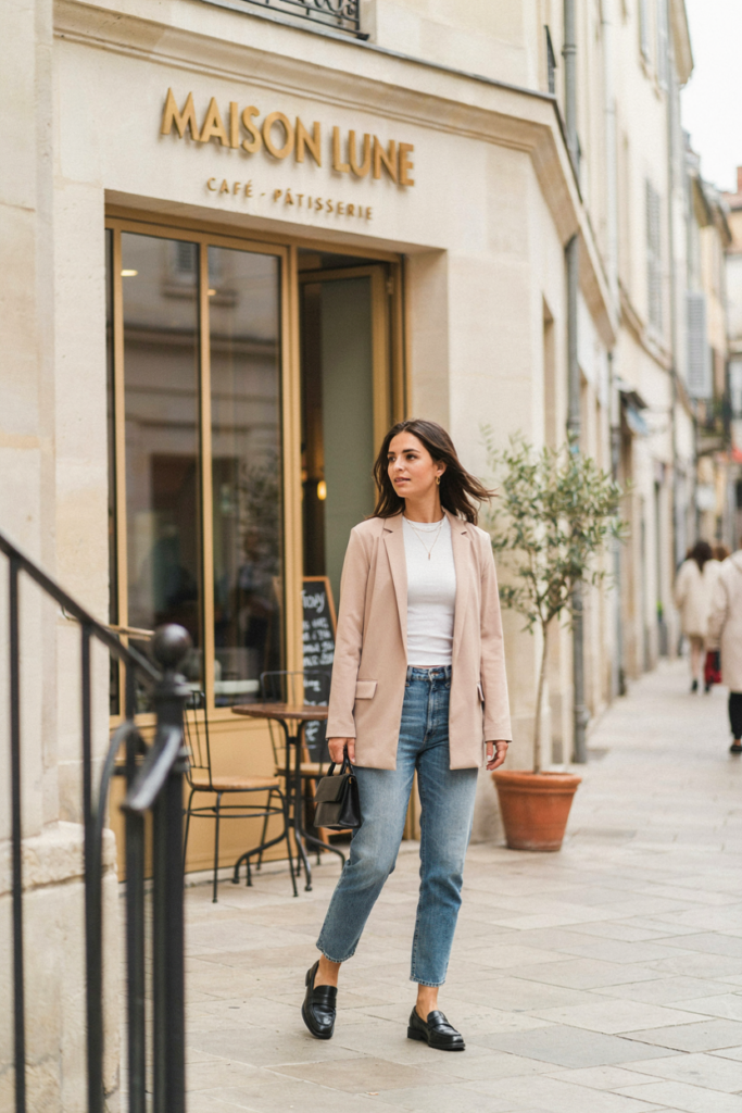 woman wearing a relaxed beige oversized blazer over a plain white fitted t-shirt, medium-wash straight-leg jeans, black loafers, small black shoulder bag, minimal gold jewelry