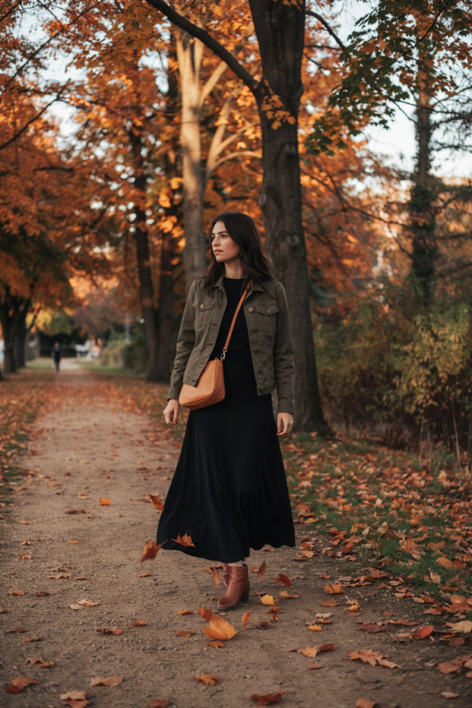 Woman wearing a flowing black maxi dress with olive utility jacket, brown ankle boots and tan crossbody bag, autumn outdoor setting with leave