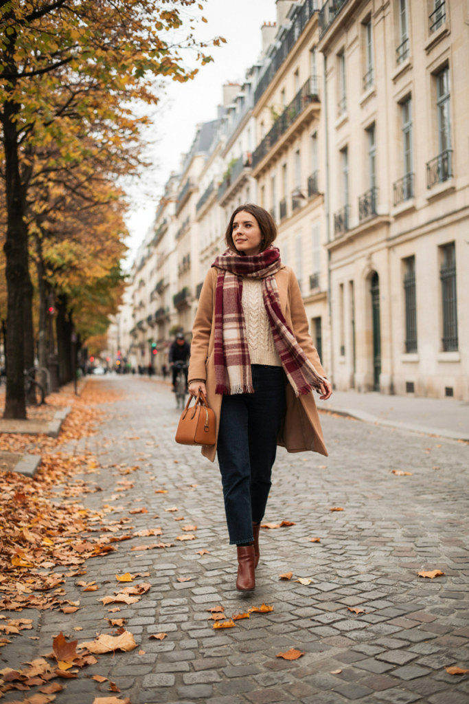 Create a vertical woman wearing a camel coat over a cream sweater and dark straight-leg jeans, styled with a large burgundy-and-cream plaid scarf.