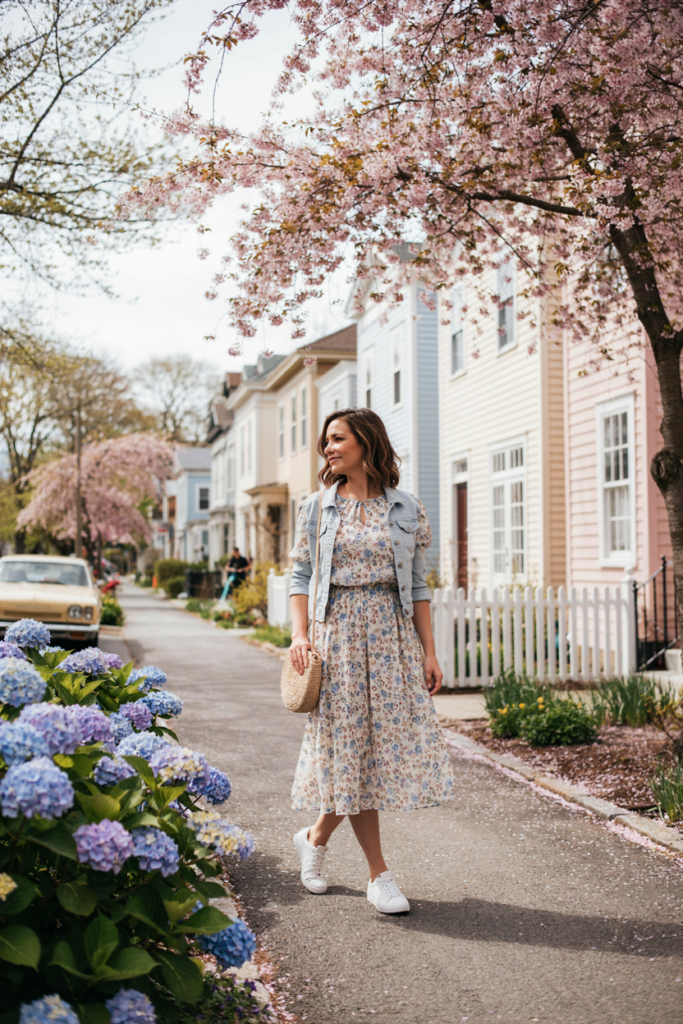 woman wearing high-waisted light-wash wide-leg jeans, fitted white ribbed T-shirt, beige sneakers, small structured handbag, and gold hoop earrings, standing on a bright spring city sidewalk with blooming trees