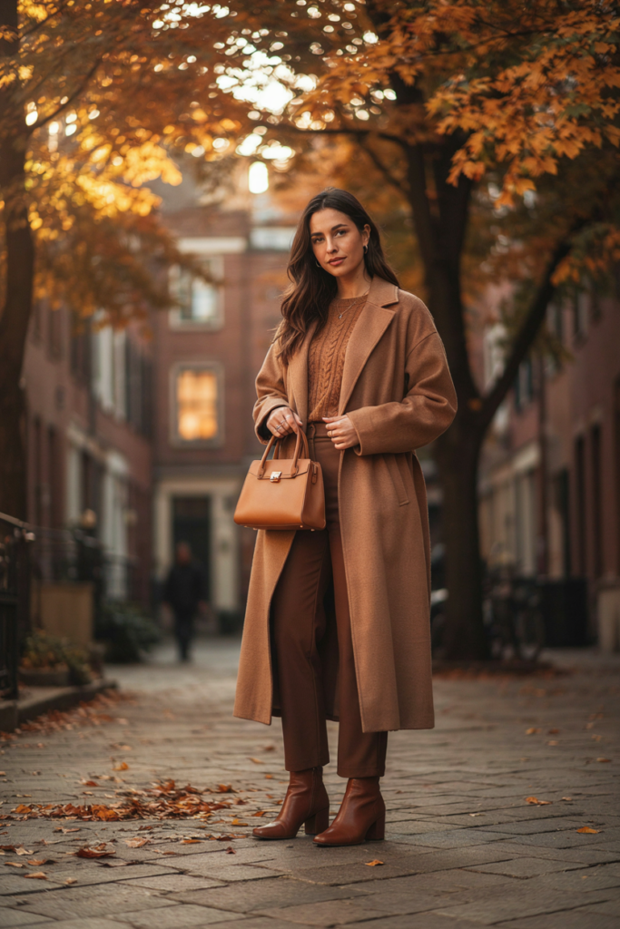 a woman wearing chocolate brown trousers, a caramel knit sweater, and a long warm-brown coat.