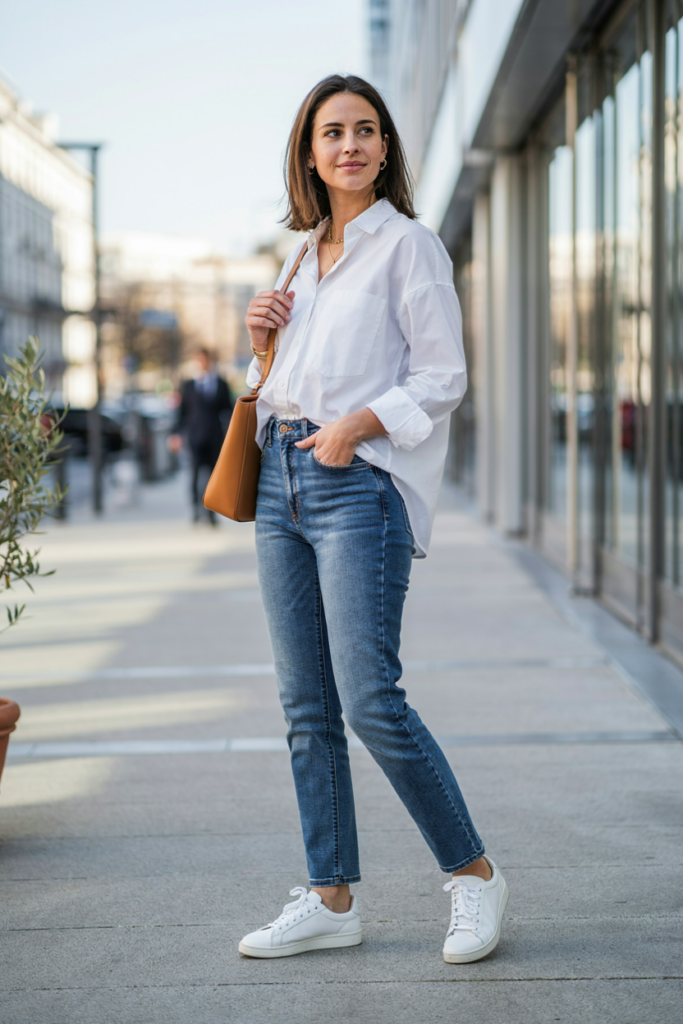 woman wearing high-waisted straight-leg blue jeans with a crisp oversized white button-down shirt, simple gold jewelry, structured tan shoulder bag, white sneakers
