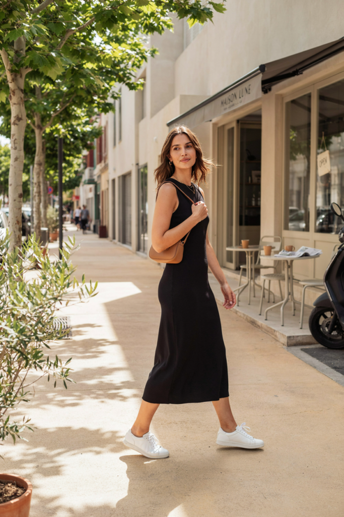 a stylish woman wearing a simple sleeveless black midi dress with clean white sneakers, small tan crossbody bag, delicate gold jewelry, loose natural hair, walking through a bright urban neighborhood